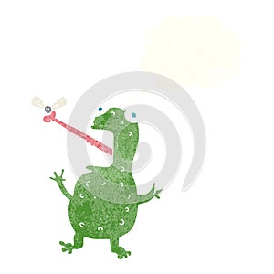 cartoon frog catching fly with thought bubble