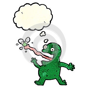 cartoon frog catching fly with thought bubble