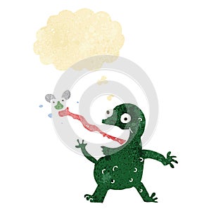 cartoon frog catching fly with thought bubble