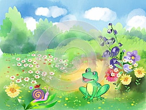 cartoon frog in a clearing with flowers and a snail