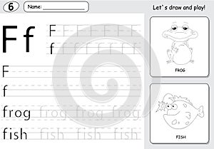 Cartoon frog and fish. Alphabet tracing worksheet: writing A-Z a