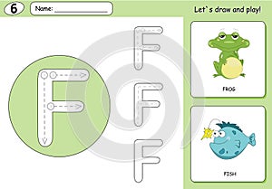 Cartoon frog and fish. Alphabet tracing worksheet: writing A-Z