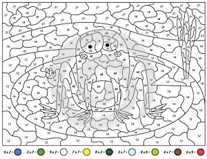 Cartoon frog and fly. Math activity worksheet. Multiplication table. Color by number educational game