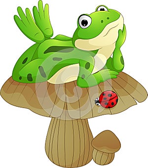 Cartoon frog laying down on the mushroom