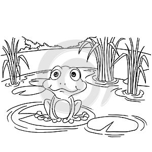 Cartoon frog on lily pad at lake coloring page vector