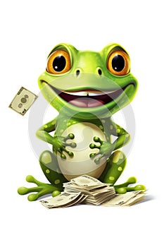 A cartoon frog sitting on top of a pile of money.