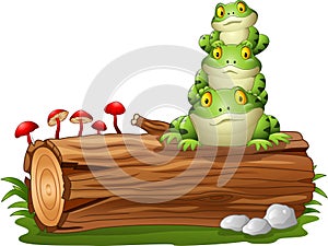 Cartoon frog stacked on tree log