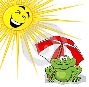 Cartoon frog with sunshade and sun