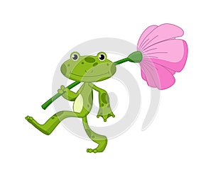 Cartoon frogs Funny cartoon frog. Little amphibia character goes on white background. Adorable froggy carries flower on