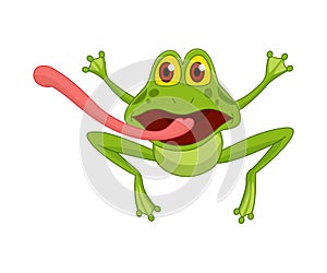 Cartoon frogs Funny cartoon frog. Little amphibia character jumping on white background. Adorable froggy shows tongue