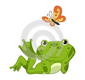 Cartoon frogs Funny cartoon frog. Little amphibia character lying and smiling on white background. Adorable froggy