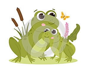 Cartoon frogs, green amphibian mom and baby. Cute froggy in natural habitat, water animals with pond reeds flat vector