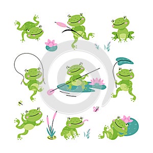 Cartoon frogs. Green cute frogs, lake or pond nature and animal. Isolated funny toad, baby froggy relax and play