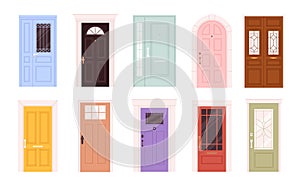 Cartoon front different doors, retro facade door elements. Home apartments entrance decor with glass windows. Flat house