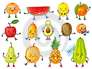 Cartoon fruit characters. Funny orange, pineapple, apple, avocado, lemon with cute faces. Happy smiling tropical fruits