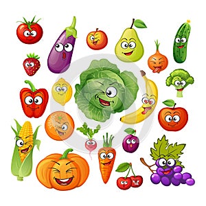 Cartoon fruit and vegetable characters. Fruit and vegetable emoticons. Vegan food