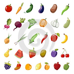 Cartoon fruit and vegetables organic healthy big vector icons collection