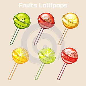 Cartoon fruits candy, lollipops