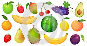 Cartoon fruits. Mango fruit, melon slice and tropical banana. Raspberry berries, watermelon and apple vector illustration set