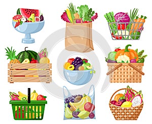 Cartoon fruits and vegetables in basket, shopping bag, bowl, boxes. Grocery shopping packed organic fresh veggies and