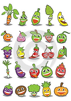 Cartoon fruits and vegetables with different emotions