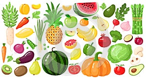 Cartoon fruits and vegetables. Vegan lifestyle food, organic nutrition vegetable and fruit, avocado, asparagus and mango