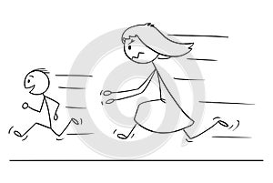 Cartoon of Frustrated and Angry Mother Chasing Naughty or Disobedient Son