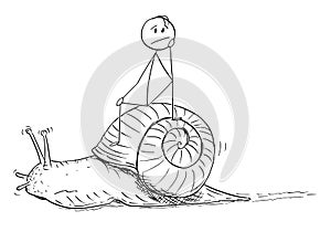 Cartoon of Frustrated Man or Businessman Sitting on the Slow Moving Snail