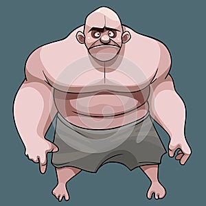 Cartoon frustrated big bald man with naked torso in shorts