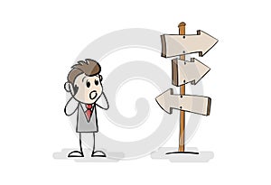 Cartoon frustrated stick man or businessman standing on crossroad looking for right way forward to future. Man confused