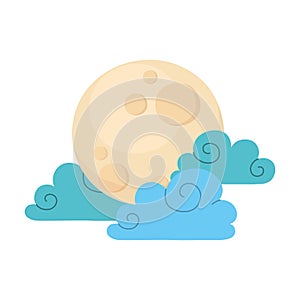 Cartoon full moon and clouds sky natural isolated icon style