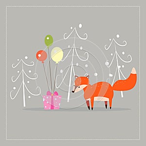 Cartoon fun little foxes fox with gift and ballons