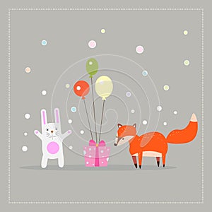 Cartoon fun little foxes fox with white rabbit, gift and ballons