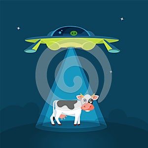 Cartoon funny aliens spaceship abducts the cow