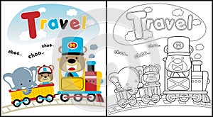 Cartoon of funny animals travel with train