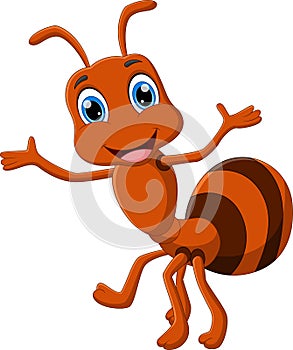 Cartoon funny ant waving on white background