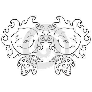 Cartoon funny babes twins for coloring book isolated on white background, vector black and white hand drawing, monochrome