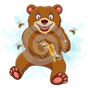 Cartoon funny baby bear holding honey pot isolated on white background