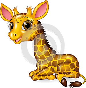 Cartoon funny baby giraffe sitting on white background