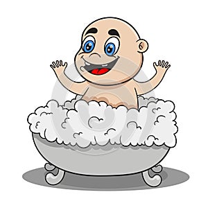 Cartoon funny baby taking a bath with foam, vector illustration