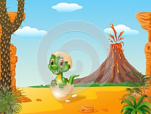 Cartoon funny baby tyrannosaurus hatching with Volcano background