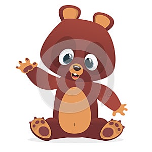 Cartoon funny bear character with big eyes sitting waving hand. Big collection of cartoon forest animals. Vector illustration.