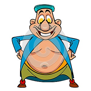 Cartoon funny bellied man Uzbek, standing in a robe, arms akimbo