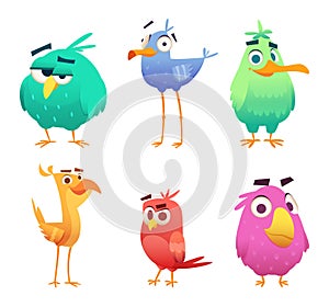 Cartoon funny birds. Faces of cute animals colored baby eagles happy birds. Vector clipart characters isolated