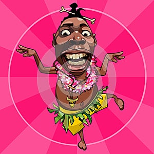 Cartoon funny black papuan guy dancing on a pink background