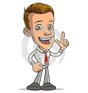 Cartoon funny boy character showing forefinger up