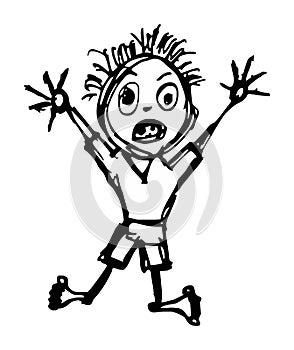 Cartoon funny boy with raised hands and bulging eyes. Black and white graphics, vector drawing.