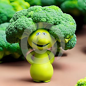 Cartoon funny broccoli vegetable, characters, in summer garden. Ai generated