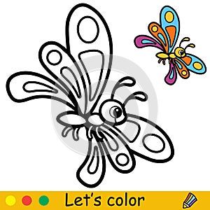Cartoon funny butterfly coloring book page for kids vector