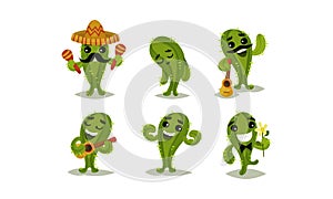 Cartoon Funny Cactus Character Vector Set. Cacti Playing Guitar